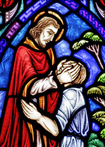 A church window depicts Jesus healing the blind man. (CNS photo/Crosiers) With Faith Alive! No. 13 MIDST, March 25, 2013.